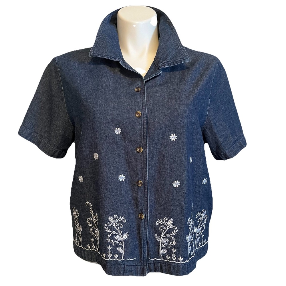 VTG 90s Y2K Denim Embroidered Button Up Women's 2X Floral Cottagecore Boxy Fit